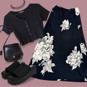 90s Vintage Metropolitan New York Black Floral Maxi Skirt Made in USA Size 10